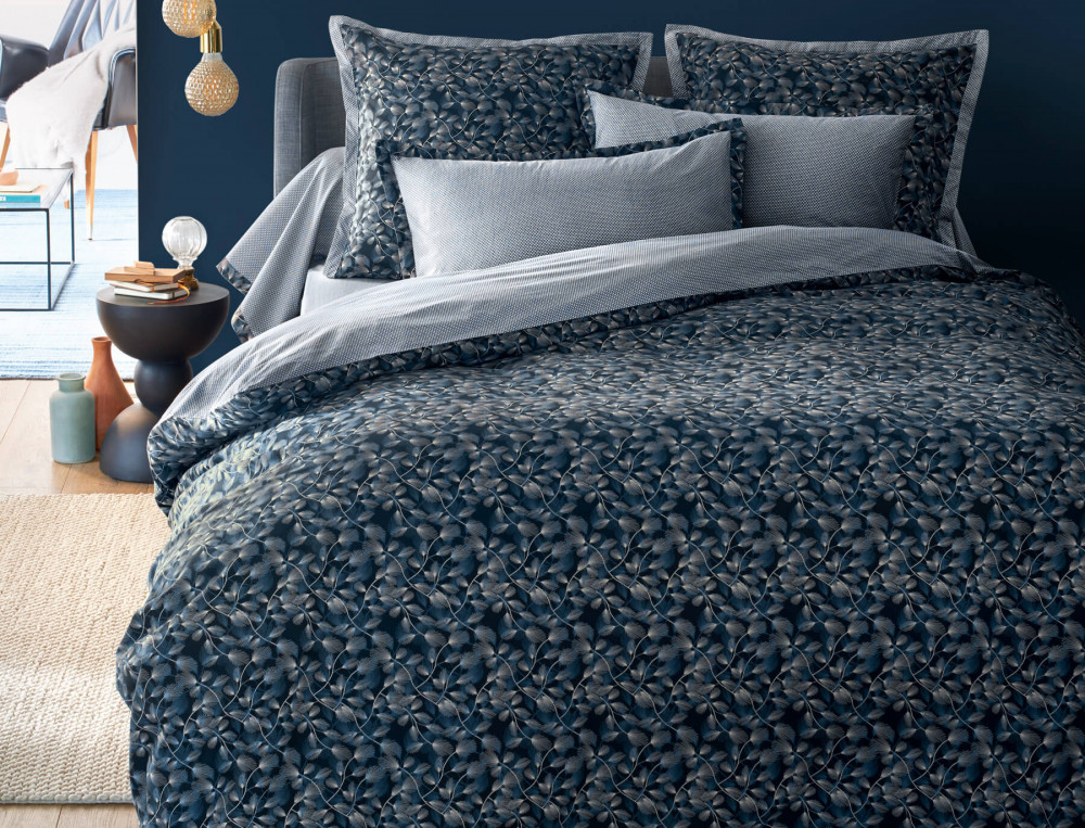 Housse de couette percale réversible imprimé végétal bleu motifs géométrique Nuit céleste