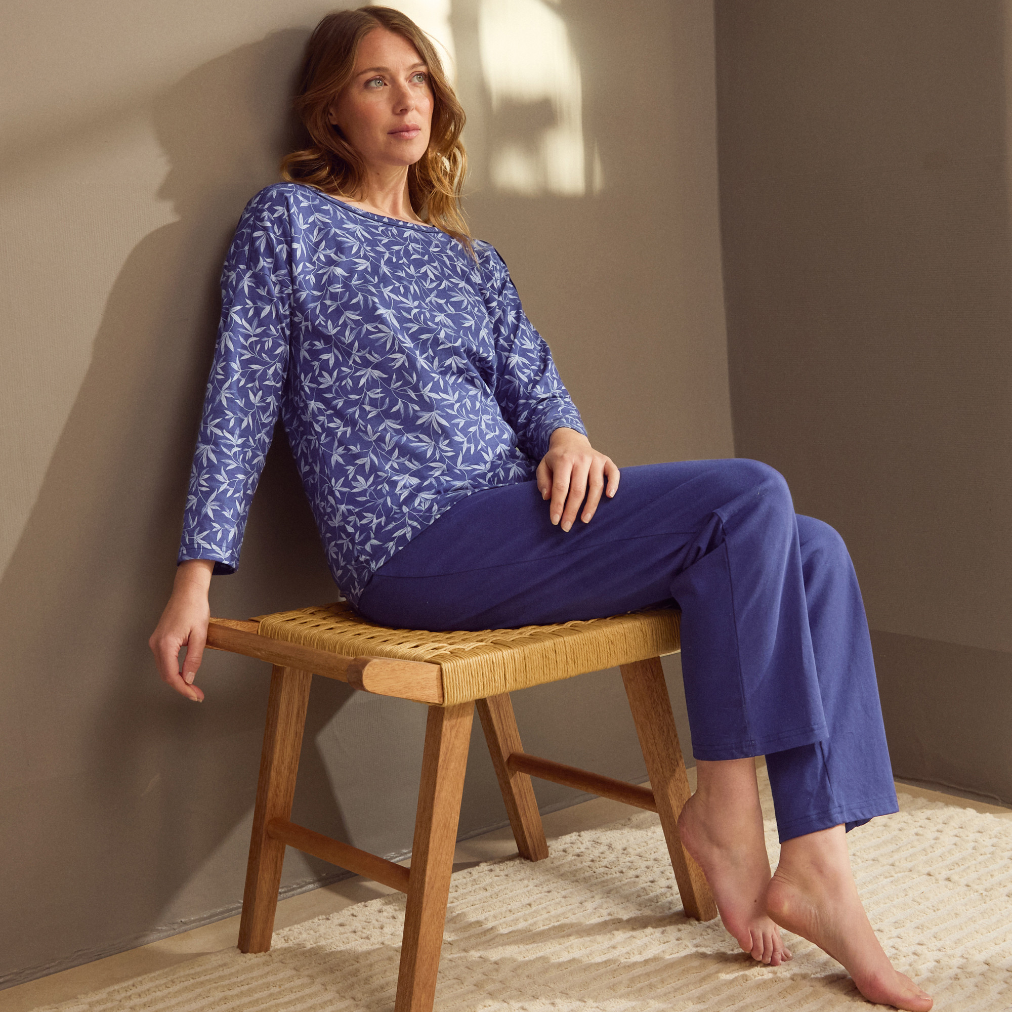 Pyjama Natur in Blau  100 % Baumwolle (Jersey)