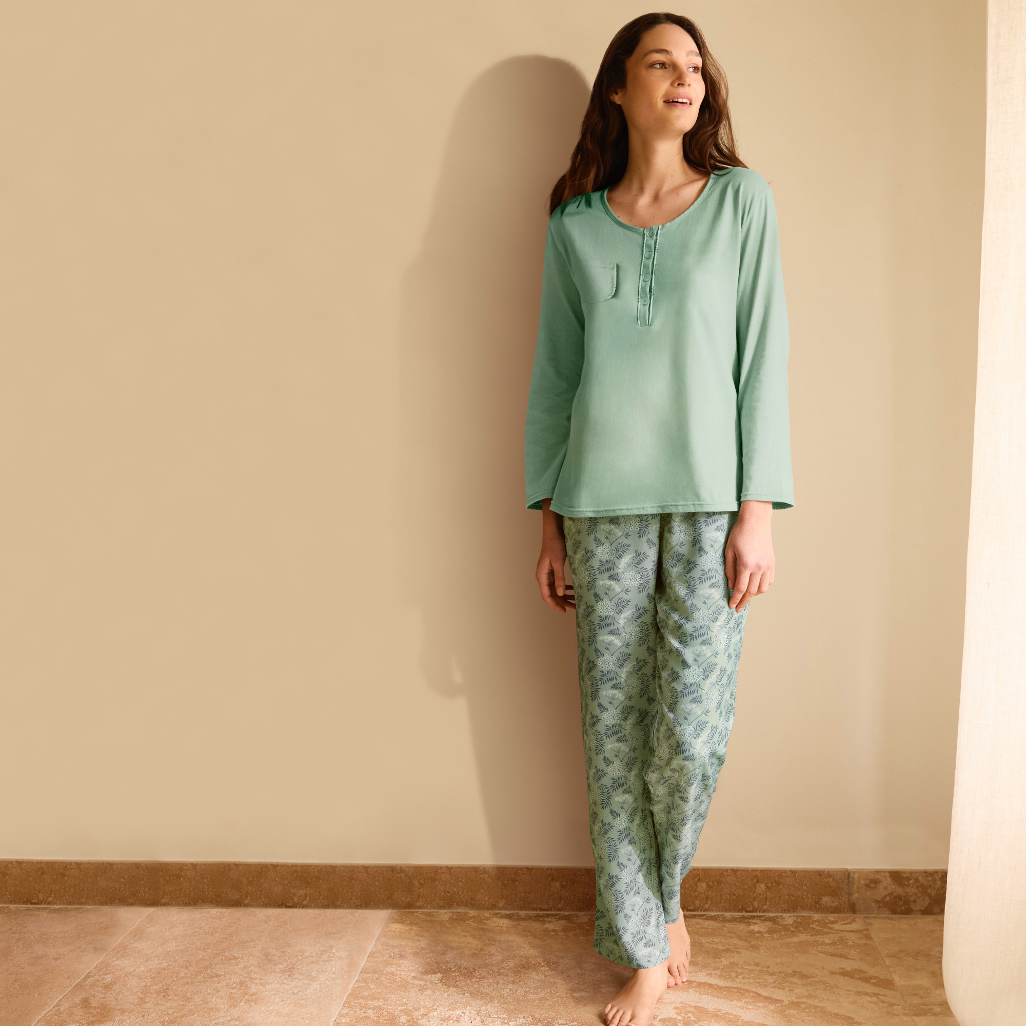 Pyjama Oberteil Einfarbig Blätterglanz  100 % Baumwolle 