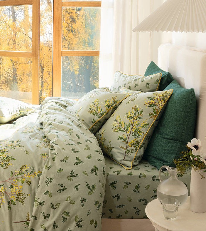 Linge de lit Éclat de mimosa et Taie d'oreiller Flanelle tissé teint