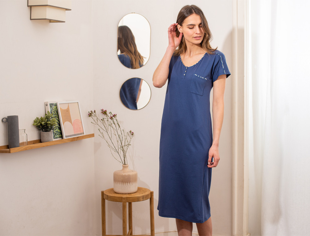 Chemise de nuit bleue 100% coton manches courtes Poésie marine