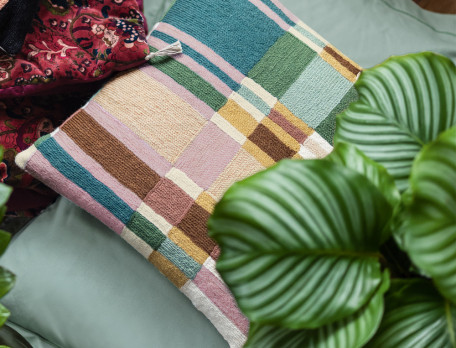 Coussin brodé carreaux larges et bande verte vert Expression libre