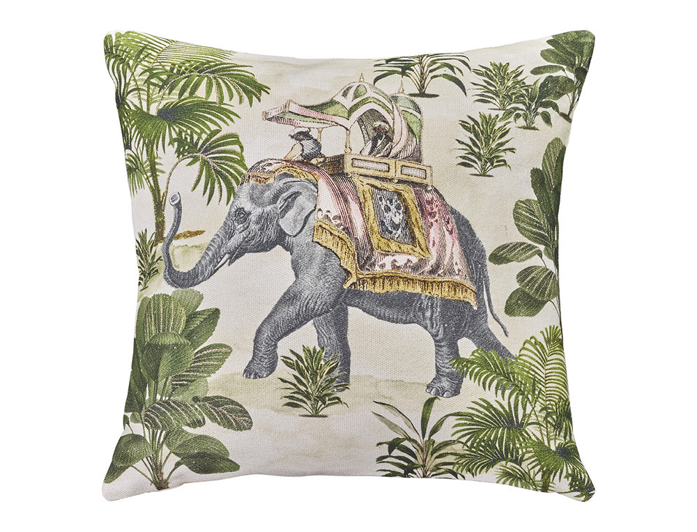 Coussin éléphant imprimé et brodé de fils dorés, dos uni écru Safari lodge