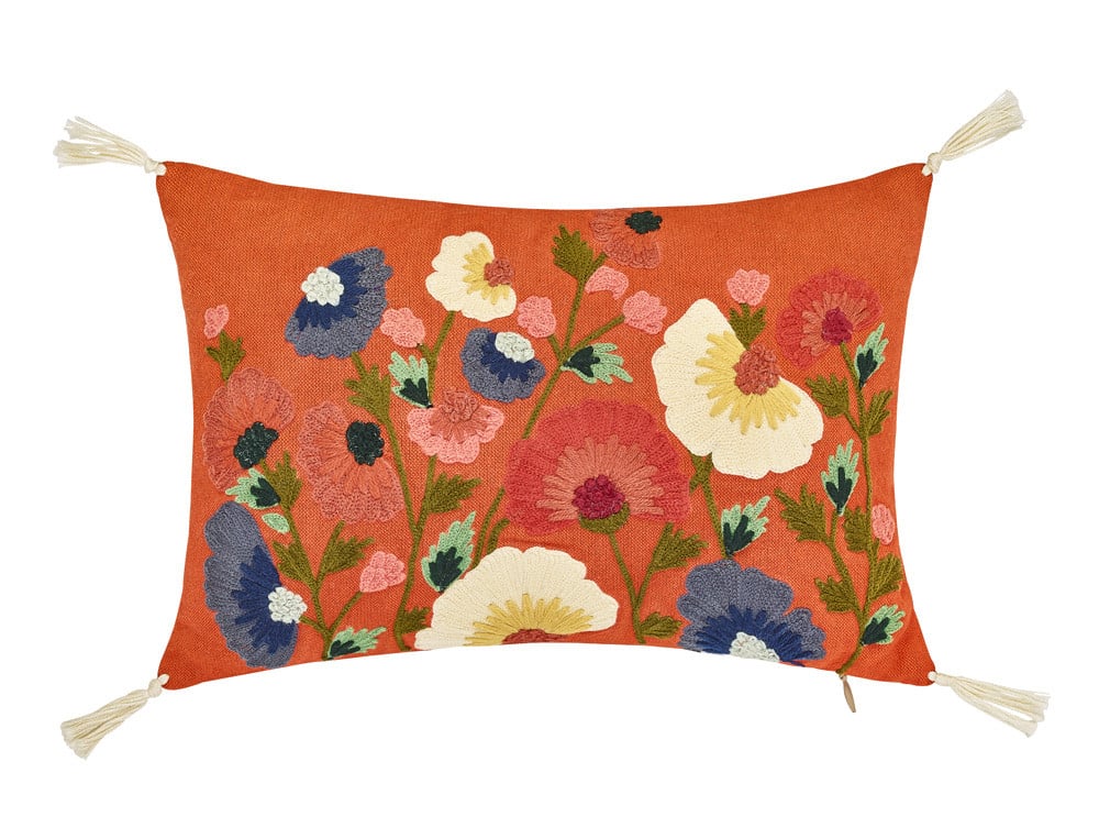 Coussin brodé fond mandarine dos uni beige Floralies