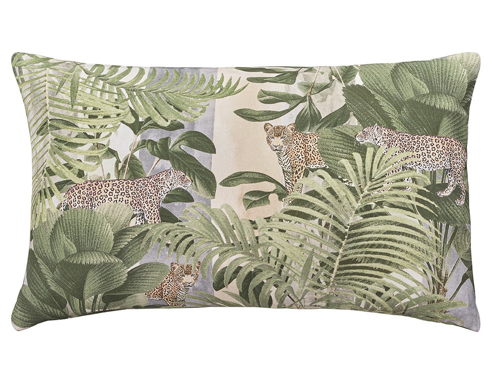 Coussin léopard imprimé et dos uni vert Safari lodge