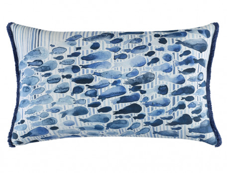Coussin imprimé poissons en coton finition ruban frangé Amorgos