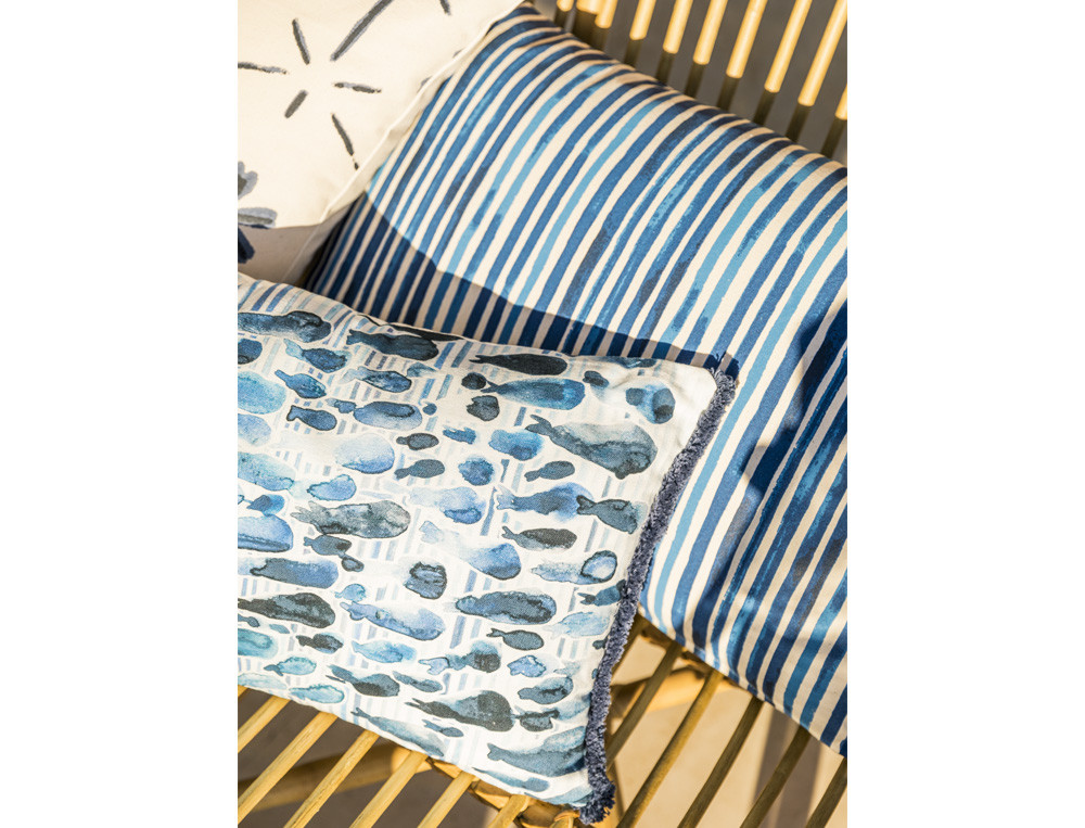 Coussin imprimé poissons en coton finition ruban frangé Amorgos