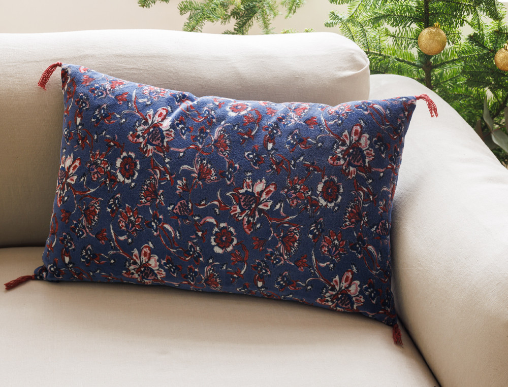 Coussin velours imprimé bleu indigo Barroco