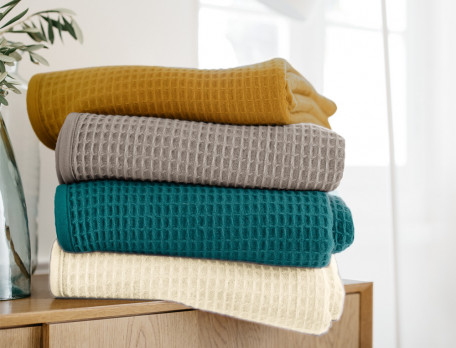 Couverture 100% laine mérinos tissage nid d'abeille Aube