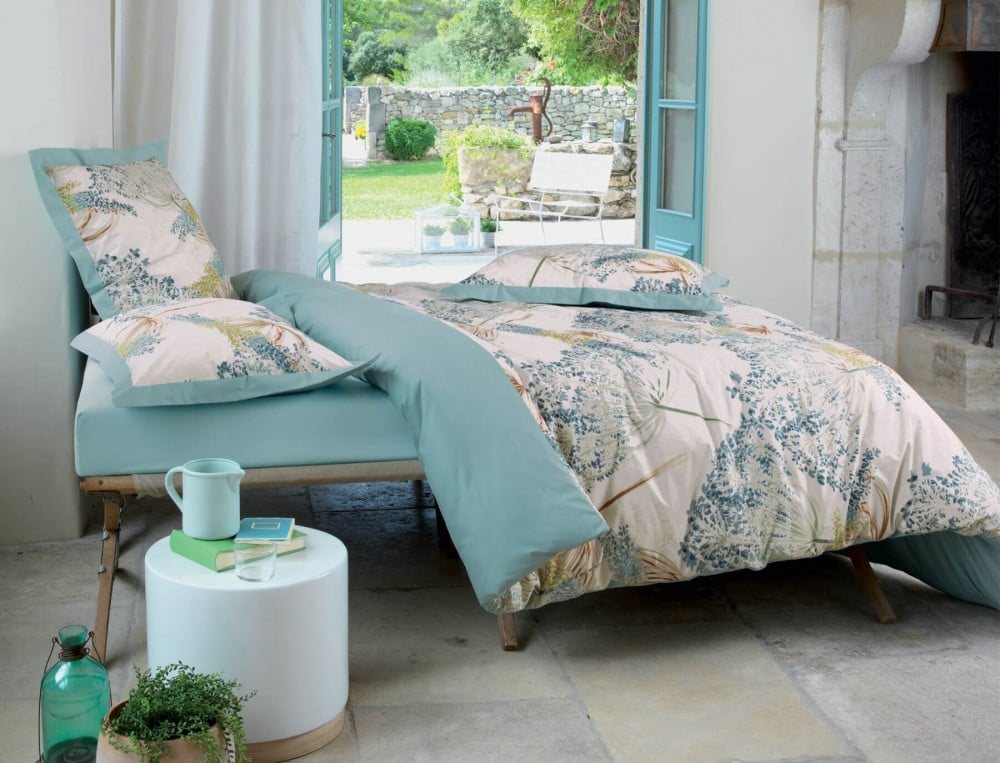 Housse de couette percale imprimée et dos bleu uni Agapanthe