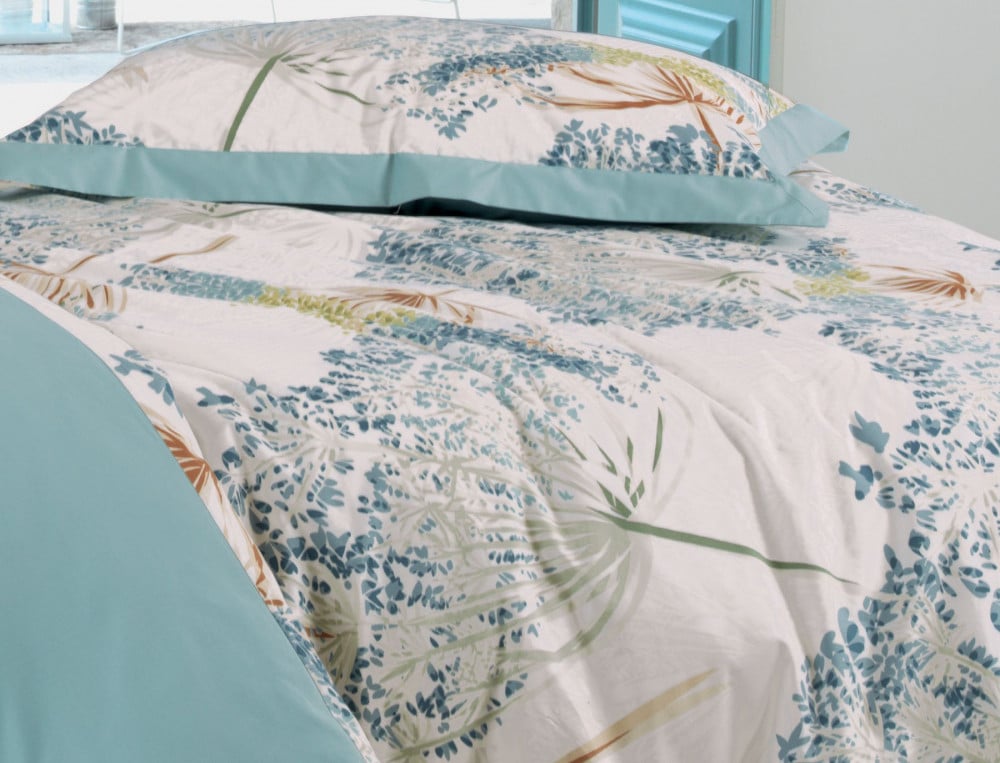 Housse de couette percale imprimée et dos bleu uni Agapanthe