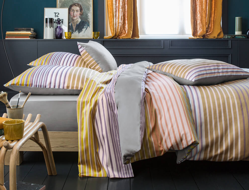 Housse de couette satin imprimée rayures et dos uni gris Couleurs Boréales