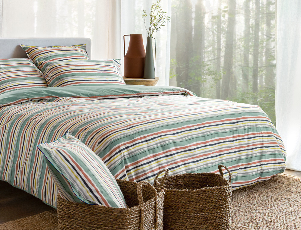 Housse de couette percale imprimée rayée et unie vert amande Coups de pinceaux