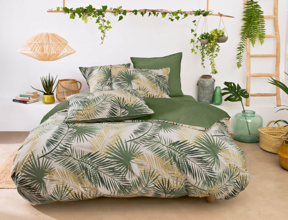 Housse de couette percale imprimé de palms et une face unie En safari