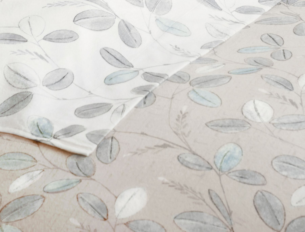 Housse de couette flanelle imprimé réversible fond beige ou blanc cassé Fleur des neiges