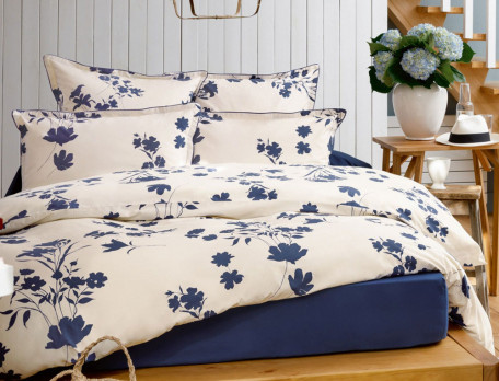 Housse de couette percale 2 faces imprimées Fleur indigo