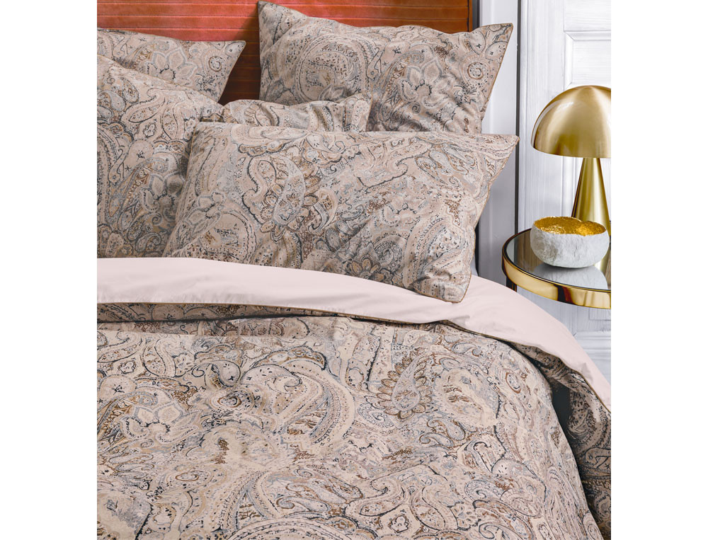 Housse de couette percale imprimée et unie grège Indian palace