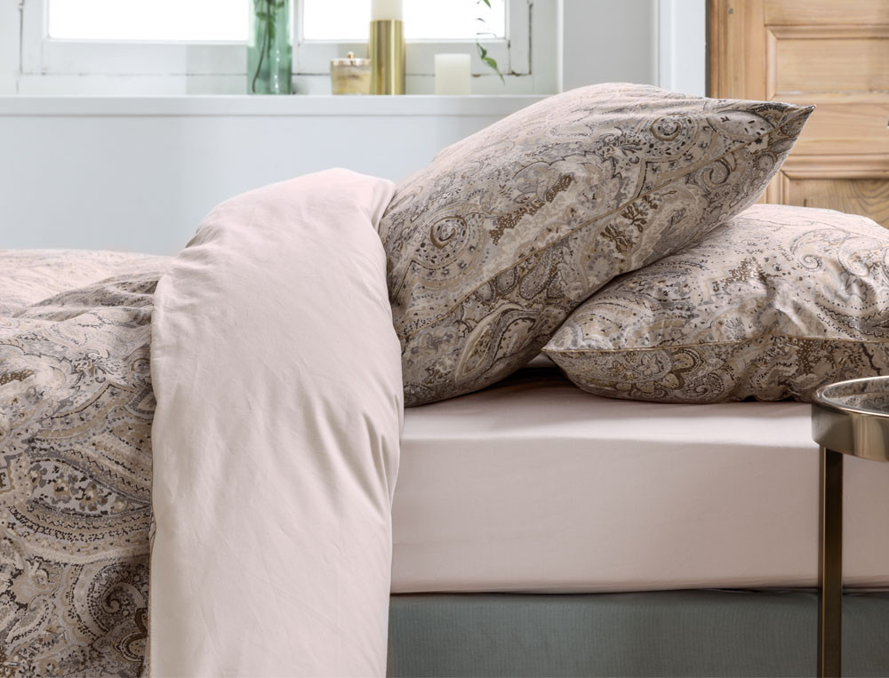 Housse de couette percale imprimée et unie grège Indian palace