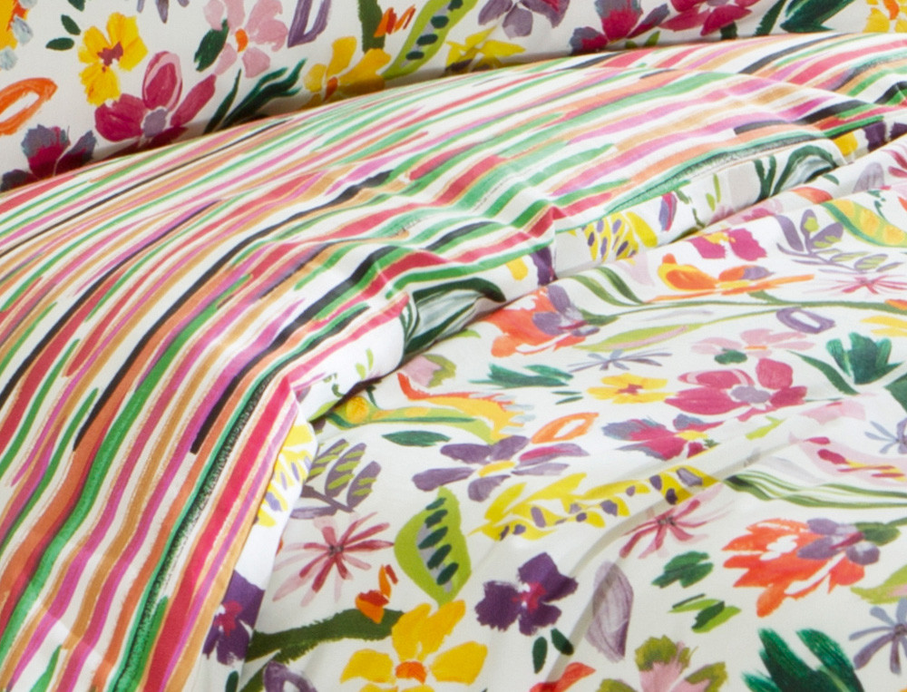 Housse de couette percale imprimé fleuri et rayé Jardin d'artiste