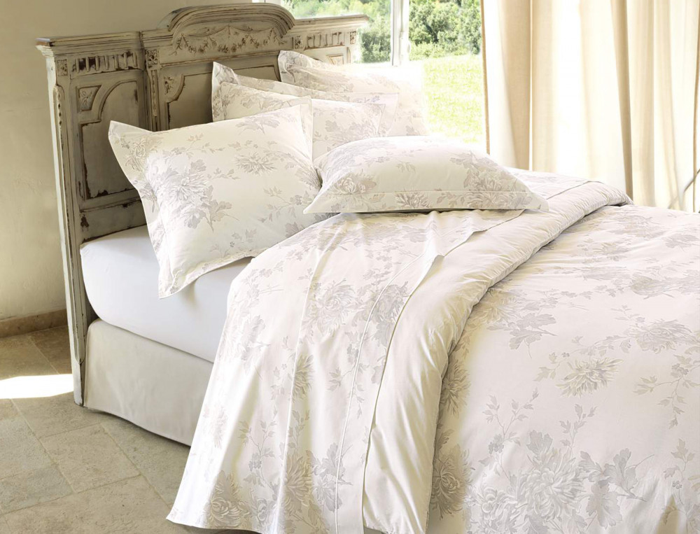 Housse de couette percale réversible imprimé fleuri uni ivoire Rêves d'opale