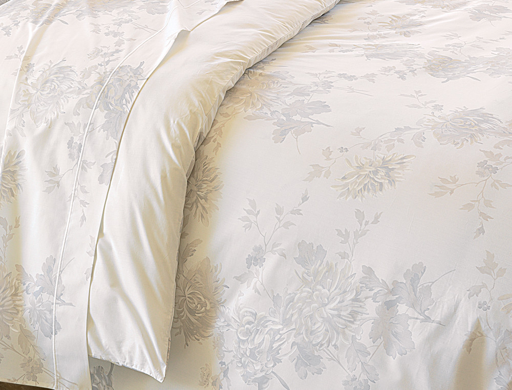 Housse de couette percale réversible imprimé fleuri uni ivoire Rêves d'opale