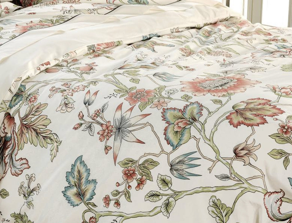 Housse de couette percale réversible imprimé fleuri et dos uni ivoire Route des Indes