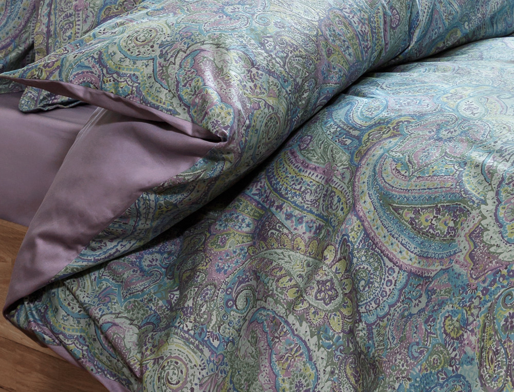 Housse de couette satin réversible imprimé cachemire et dos uni Secret d'orient