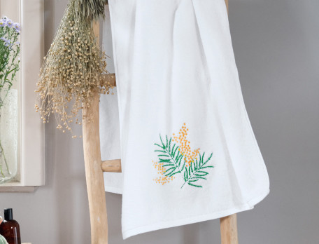 Serviette de bain coton blanc brodée de mimomas Mandelieu