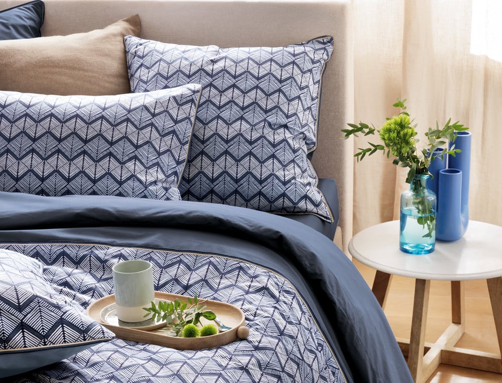 Linge de lit percale imprimé motifs géométriques et uni Bleu évasion