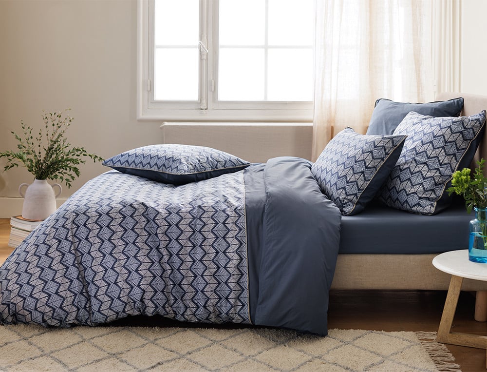 Linge de lit percale imprimé motifs géométriques et uni Bleu évasion