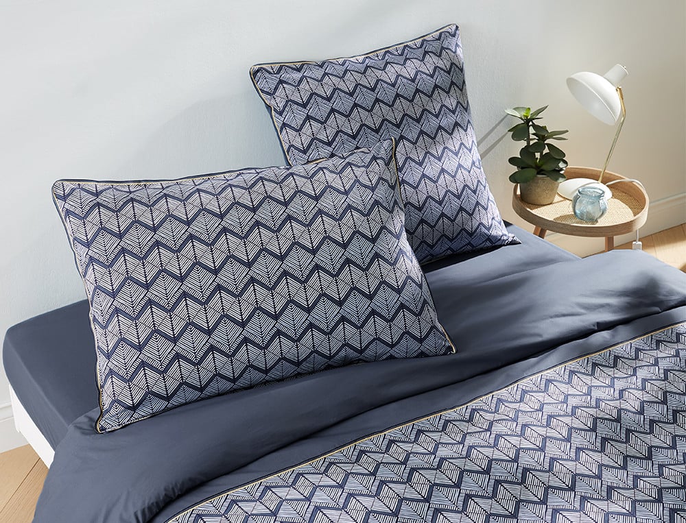 Linge de lit percale imprimé motifs géométriques et uni Bleu évasion