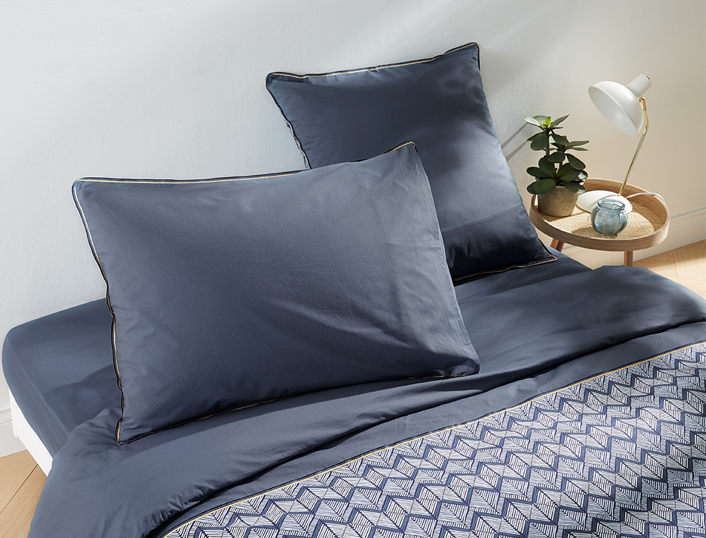 Linge de lit percale imprimé motifs géométriques et uni Bleu évasion