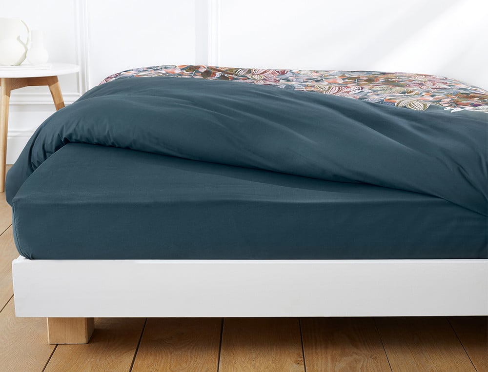 Linge de lit percale 100% coton imprimé végétal et uni bleu Courances