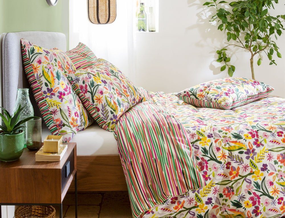 Linge de lit percale imprimé fleuri et imprimé rayé Jardin d'artiste