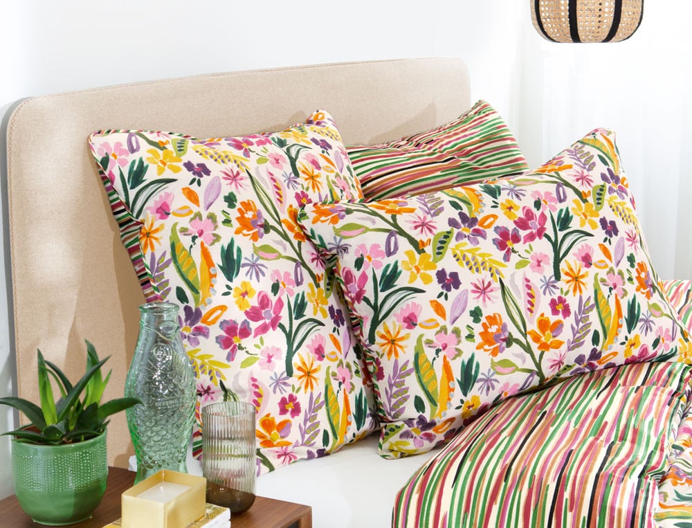 Linge de lit percale imprimé fleuri et imprimé rayé Jardin d'artiste