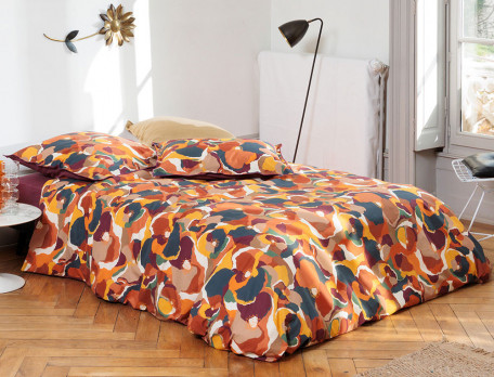 Linge de lit en percale 100% coton imprimé multicolore, uni bordeaux, finition surjet bourdon bordeaux Joie de vivre