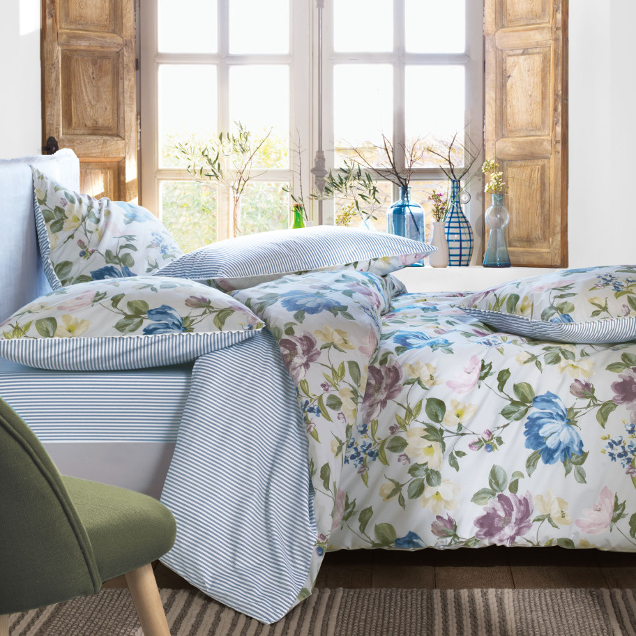 Taie d\'oreiller percale réversible imprimé fleuri et dos rayé Le jardin de Marie