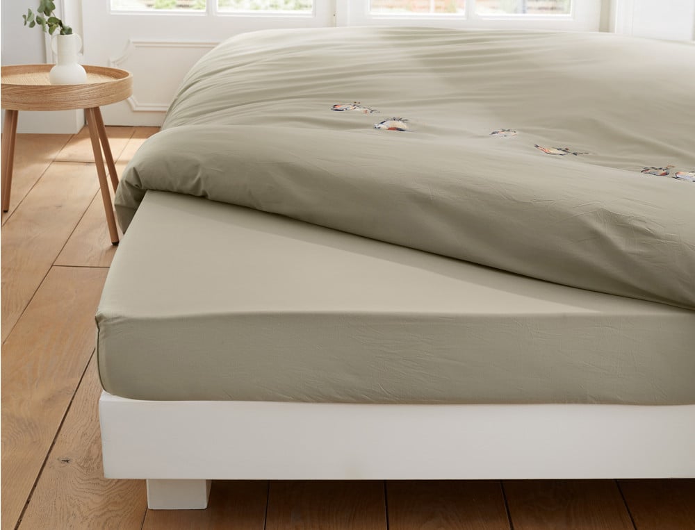 Linge de lit Percale 100% coton 80 fils/cm2 uni vert amande brodé d'oiseaux, finition double piqûre, Mésanges