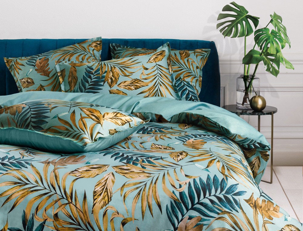 Drap housse bleu satin Nature tropicale