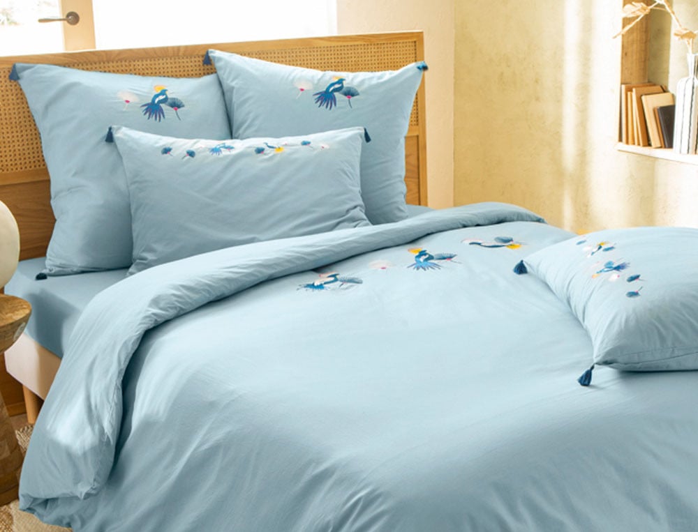 Linge de lit percale brodé Oiseaux de paradis