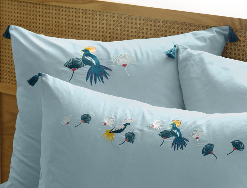 Linge de lit percale brodé Oiseaux de paradis