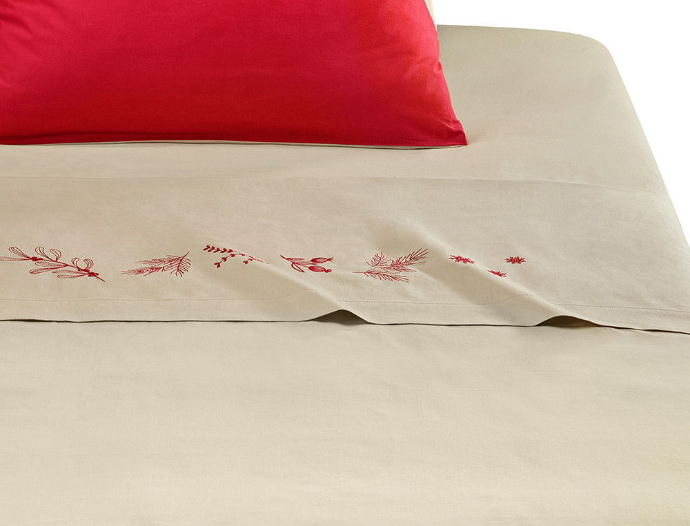 Drap percale grège avec broderie rouge Ondes de coeur