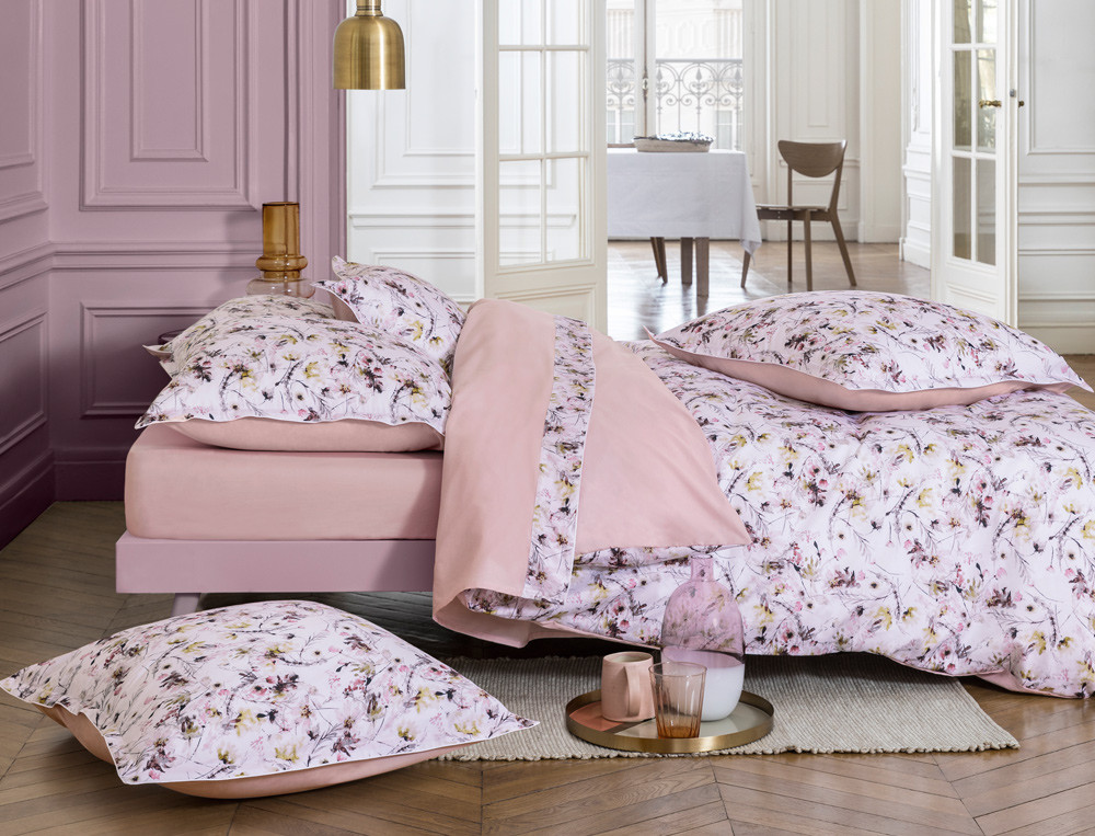 Linge de lit satin imprimé et percale unie Poésie fleurie