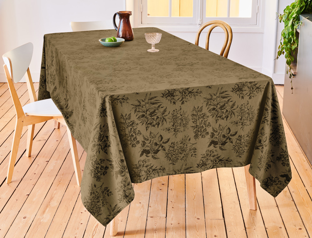 Nappe 100% coton avec imprimé végétal anthracite, traitement antitache, Quotidiennement chic