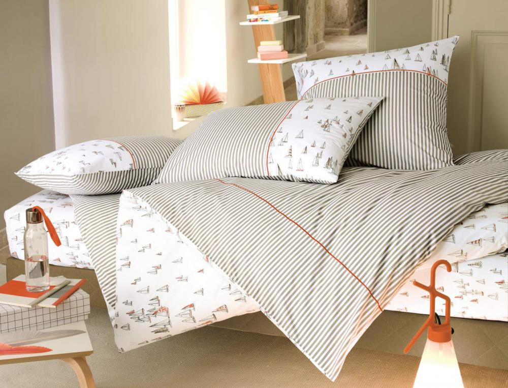 Drap housse percale ivoire imprimé voiliers beige mandarine bonnet 35 cm Oléron