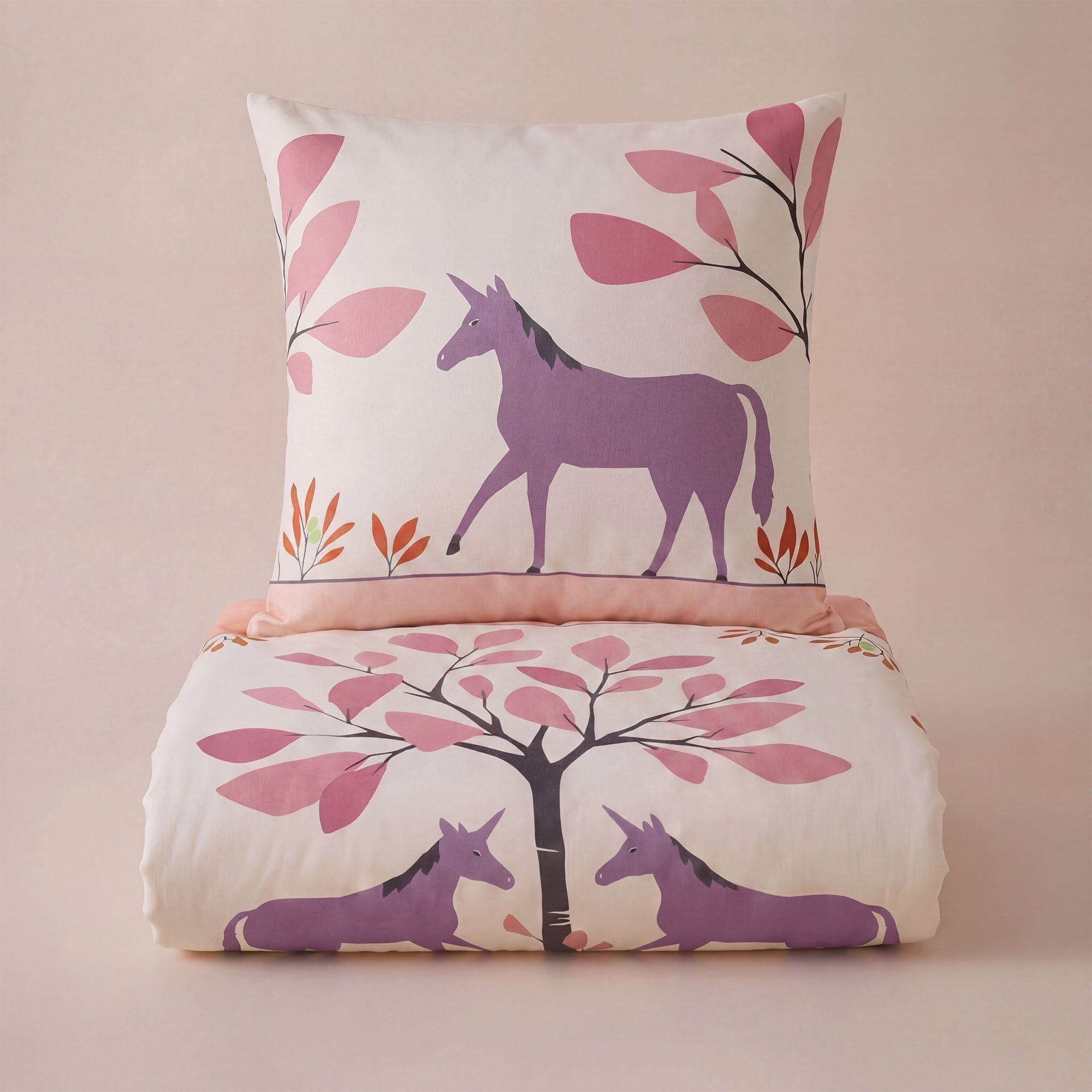 Housse de couette + taie d'oreiller - Coloris Rose - 140x200+65x65cm - Rêve de licornes Linvosges