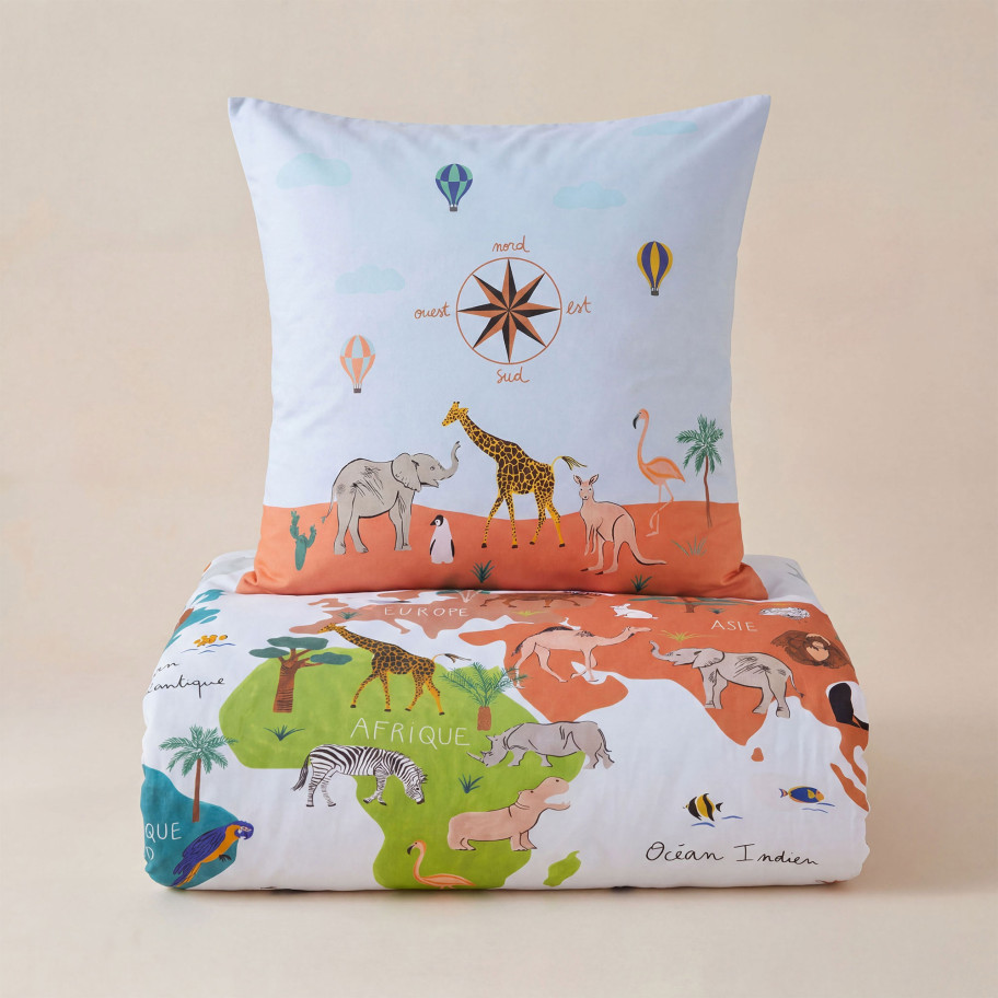 Pack housse de couette + taie d'oreiller Mappemonde