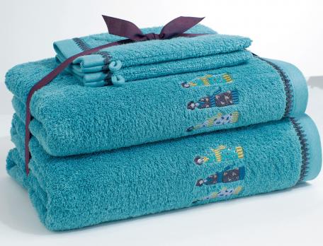 Pack drap de bain, serviette de bain et 2 gants kimonos brodé bleu 2 gants