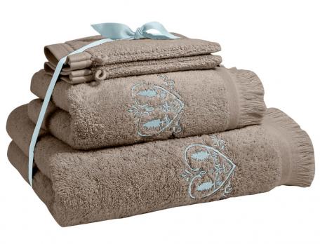 Pack linge de bain brodé taupe Coeurs de montagne