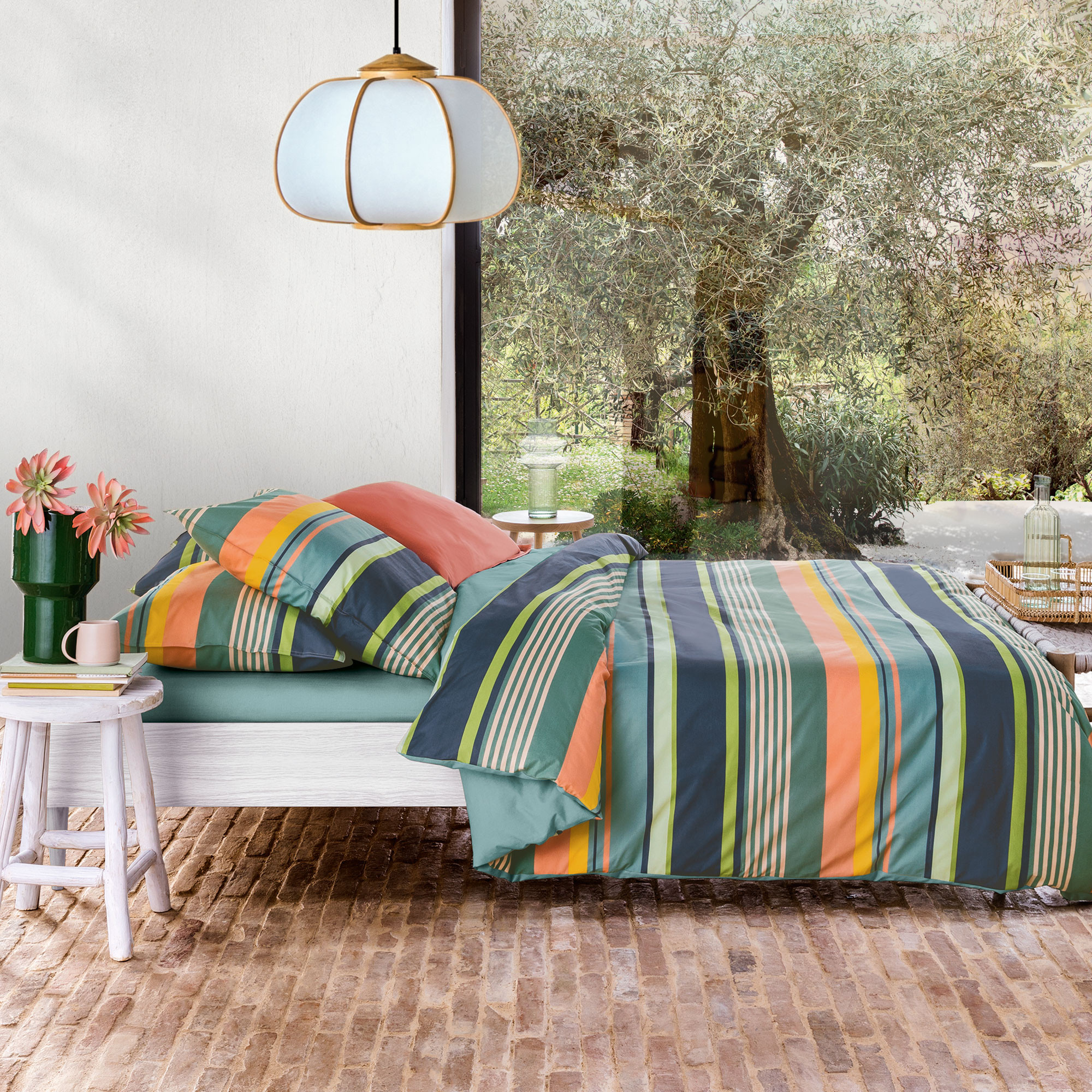 Parure de lit percale imprimée rayée multicolore Mimizan